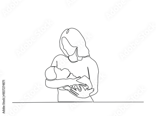 Single Continuous Line Drawing of Mother Cradling Newborn Baby
