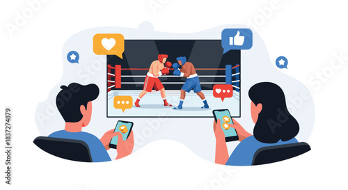 Couple watching a live boxing match on a large screen while using their smartphones for online betting or social media.