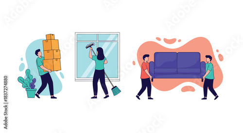 Set of illustrations showing people during the moving process including carrying boxes and furniture and cleaning the house.