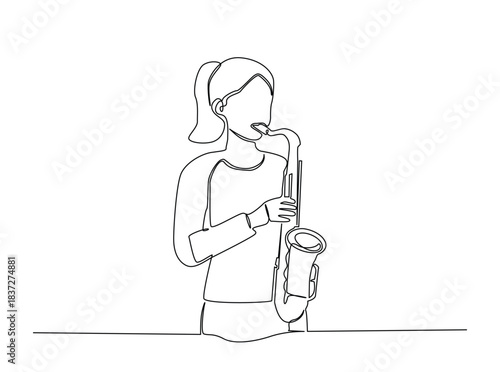 Continuous line art drawing of Saxophonist Perfomance. Woman playing saxophone outline draw illustration.