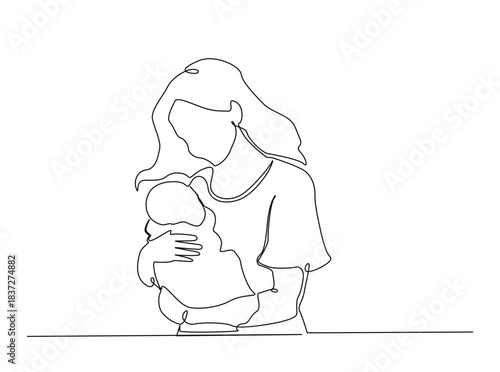Single Continuous Line Drawing of Mother Cradling Newborn Baby