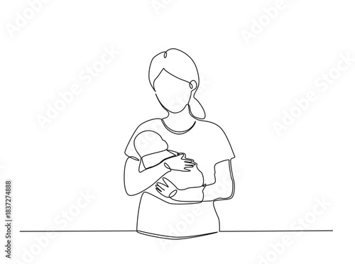 Single Continuous Line Drawing of Mother Cradling Newborn Baby