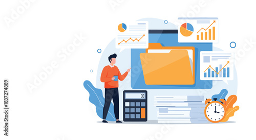 Professional accountant or office worker organizes digital files and analyzes financial data reports for a business project.