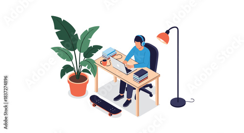 Young man with headphones works or studies on his laptop at a desk in a modern home office with a plant and skateboard.