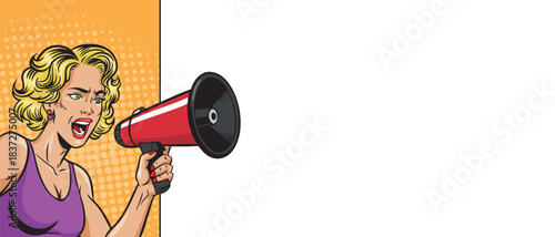 A beautiful woman with a megaphone near a blank pop art banner. A woman with a loudspeaker