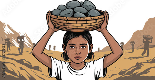 Child Labor Illustration – Young Girl Carrying Stones in Harsh Working Conditions.