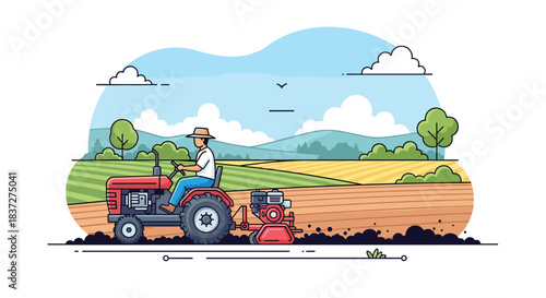 Farmer drives a red tractor to plow a field in preparation for planting crops on a sunny day in the countryside.
