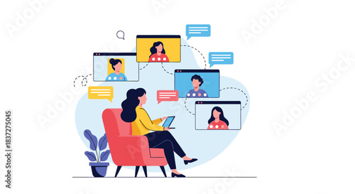 Woman sits in an armchair and uses a tablet for a video conference call with friends or colleagues working from home.