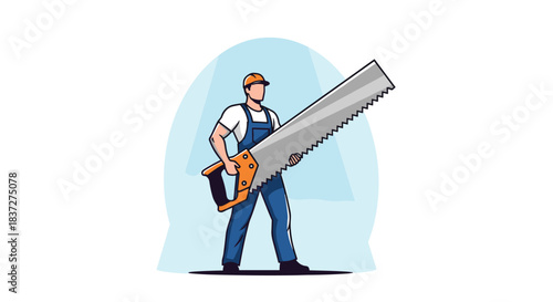 Strong handyman or carpenter character in uniform and a hard hat holding a very large and sharp two-man saw tool.