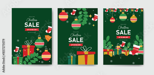 set of merry christmas sale offer banner poster with xmas decorative ornament, gift box, bell, leaf