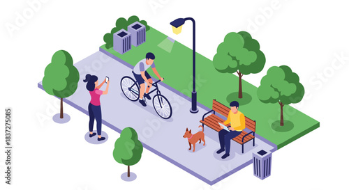 People enjoying a relaxing day at a city park with one man cycling another reading on a bench and a woman taking photos.