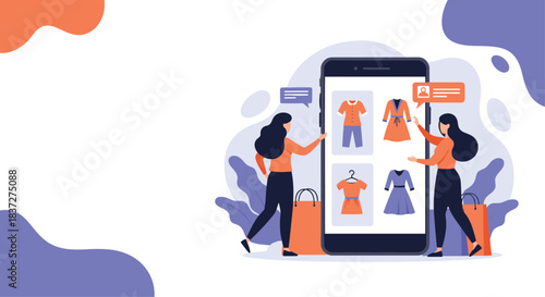 Two women browse a mobile fashion application to shop for new clothes online with a background of abstract shapes.