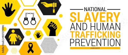 National Slavery and Human Trafficking Prevention Month background, banner, card or poster design template is observed every year during January, to raise awareness about the mission.