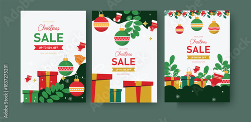 set of merry christmas sale offer banner poster with xmas decorative ornament, gift box, bell, leaf