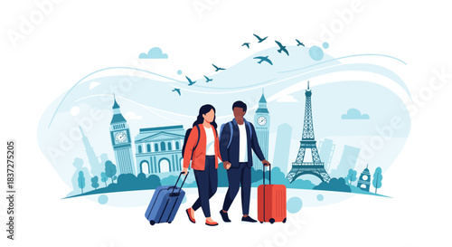 Interracial couple holding hands and pulling luggage on a romantic vacation to famous European landmarks like Paris and London.