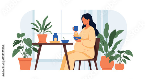 Pregnant woman follows a healthy diet by eating a nutritious breakfast at a table surrounded by beautiful houseplants.