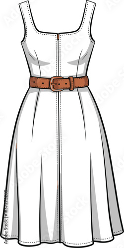 Sleeveless belted dress fashion flat sketch featuring front zipper detail, fitted bodice, flared skirt, and clean technical illustration for modern apparel design.