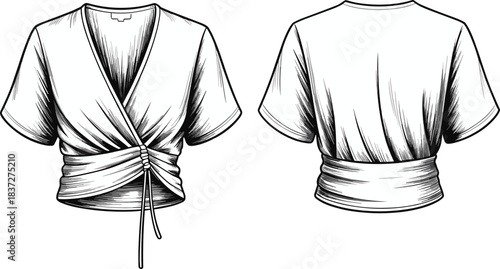 Short-sleeve wrap top fashion flat sketch featuring gathered waist, adjustable tie detail, draped front design, and clean front and back technical illustration.