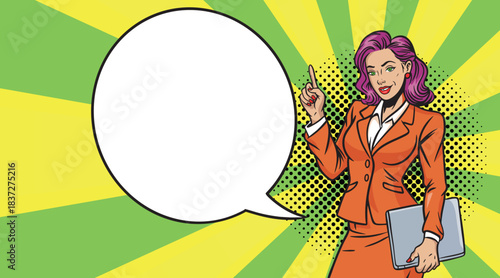 Beautiful woman in pop art style. Business woman with speech