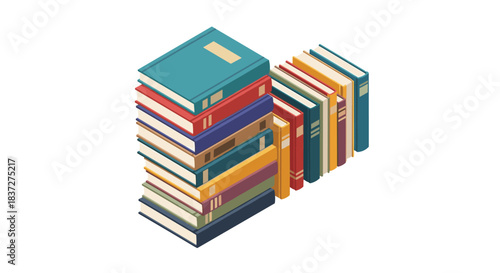 Isometric icon of tall stacks of colorful hardcover books for a library education or literature-themed design project.