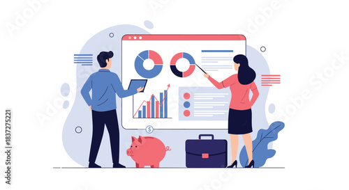 Business team analyzes financial data on a large presentation screen with charts and graphs to plan their investment strategy.