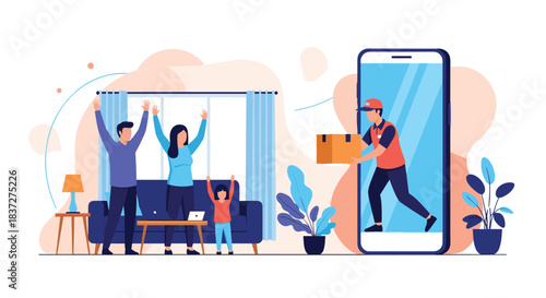 Happy family cheers as a delivery man brings a package from an online order directly to their home through a smartphone.