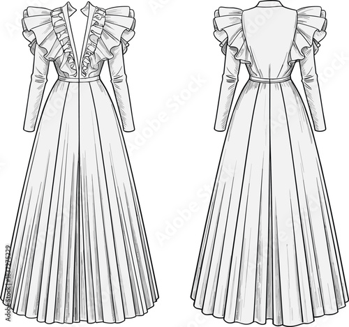 Elegant long-sleeve ruffled gown fashion flat sketch featuring deep V-neckline, voluminous pleated skirt, dramatic shoulder detailing, and refined technical illustration for apparel design.
