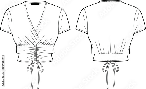 Short-sleeve wrap crop top fashion flat sketch featuring ruched front tie detail, fitted waist, and clean technical illustration showing front and back apparel views.