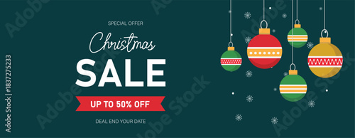 merry christmas sale offer banner with winter night christmas decorative element , gift box, tree, leaf, bell, snowflakes, 
