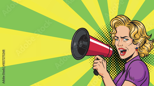 A beautiful woman with a megaphone in pop art style. 