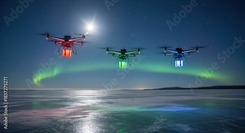 Three Drones with Colorful Lights Flying Above a Frozen Lake Displaying Aurora Borealis Under a Starry Night Sky