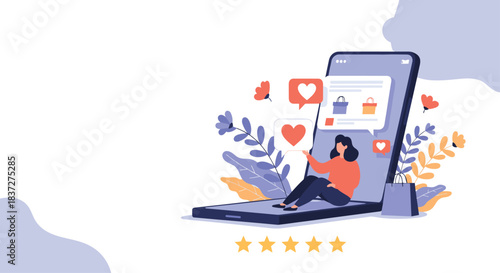 Young woman relaxes inside a giant smartphone screen liking products and shopping online from a mobile fashion application.