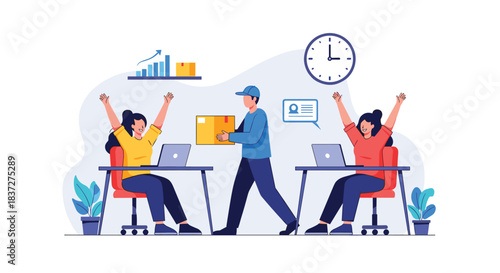 Two happy female employees celebrate receiving a package from a courier at their office showing efficient delivery service.