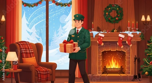 A Traditional Holiday Scene Featuring a Young Male Delivery Person in Uniform Bringing a Gift to a Cozy Living Room with a Christmas Tree and Fireplace Decorated for Winter Festivities