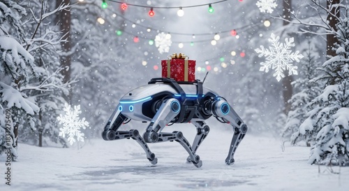 A futuristic robotic dog carrying Christmas gifts navigates through a snowy forest, surrounded by colorful holiday lights and decorative snowflakes, embodying festive cheer and technology.