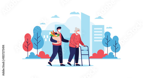 A young male volunteer wearing a face mask helps a senior woman with a walker by carrying her bag of groceries and food.