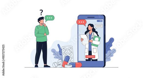 A confused man seeks medical advice through an online doctor consultation on his smartphone for health questions about his pills.