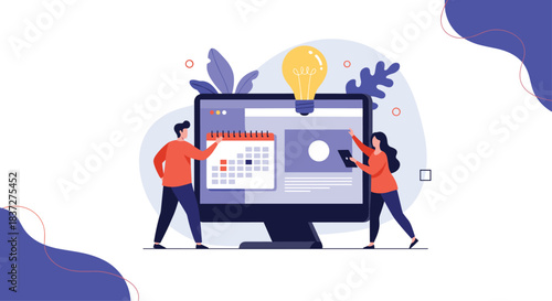 A creative business team collaborates on a project by scheduling tasks on a large digital calendar and brainstorming new ideas.