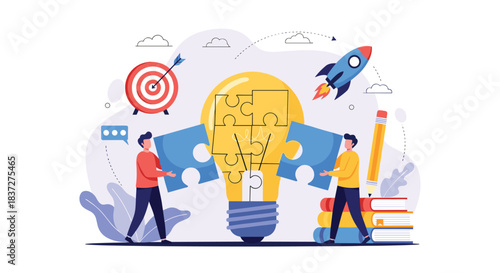 Two businessmen collaborate as a team to assemble a large jigsaw puzzle lightbulb symbolizing innovation and problem-solving.