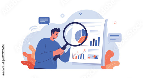 A businessman uses a large magnifying glass to closely examine and analyze data from a financial report with charts and graphs.