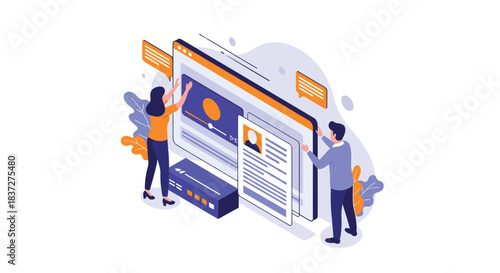 A team of web developers builds a professional user interface and profile page for a new website or online platform together.
