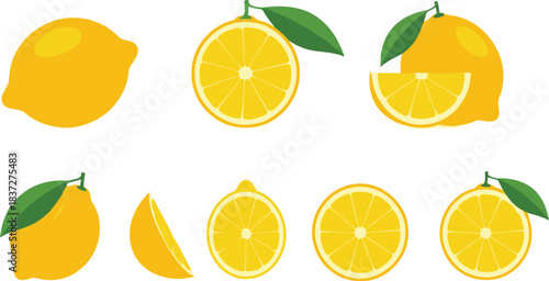 Fresh yellow lemon vector set with whole fruits slices wedges and leaves isolated on white background