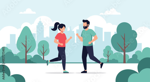 A happy young couple enjoys a healthy lifestyle by jogging together in a beautiful city park with a modern skyline background.