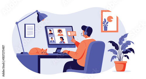 A man working from his home office uses a headset for a professional video conference call on his computer as a cat sleeps.