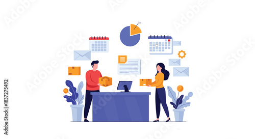 Two office workers collaborate on business logistics and shipping by organizing packages and scheduling deliveries at their desk.