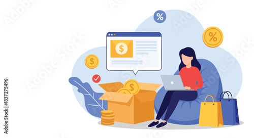 A young woman shops online from her laptop earning cashback rewards and discounts while relaxing comfortably on a beanbag chair.
