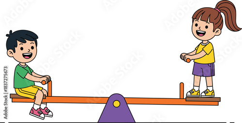 Happy kids playing on seesaw cartoon vector illustration with smiling children enjoying playground activity