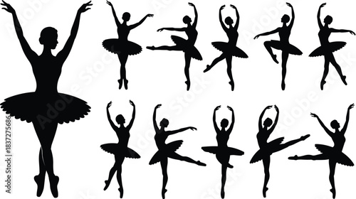 Ballerina silhouette collection, ballet poses, dance movement, tutu illustration, elegant choreography, artistic dancer icons, black figure design