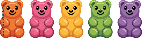 Colorful gummy bear illustration, cartoon candy, sweet treat design, playful snack icons, vibrant jelly bears, children’s dessert artwork