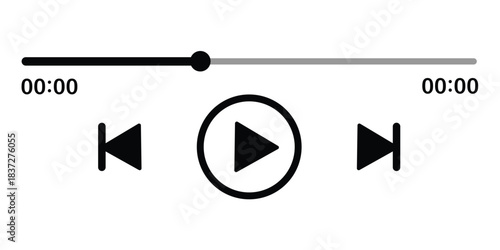 Audio or video player progress loading bar with time slider, play, rewind buttons. Simple template of media device playback panel interface. Minimalist web display. White light theme